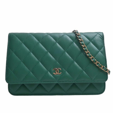 CHANEL Lambskin Matelasse Coco Mark Chain Shoulder Long Wallet Green Ladies