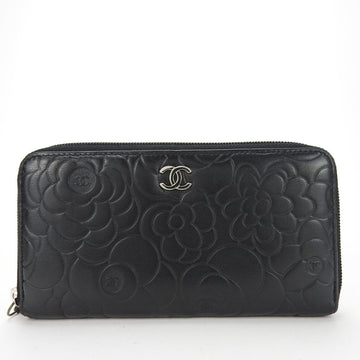 CHANEL Long Wallet Camellia Leather Black Coco Mark Round Women's