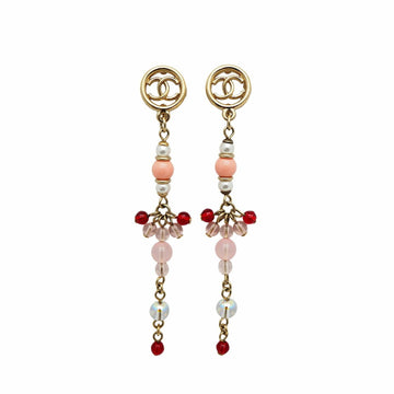 CHANEL A19S Coco Beads Pearl Long Earrings Gold Pink Red Bijou