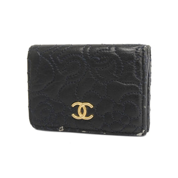 CHANEL[3xb2080] Auth  Trifold Wallet Camellia Lambskin Navy Gold Metal metal