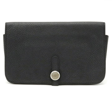 HERMES Dogon Duo GM Bifold Long Wallet Taurillon Clemence Leather Dark Gray K Engraved