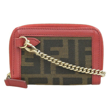 FENDI Canvas Leather Zucca Pattern Chain Round Coin Case - Brown Red