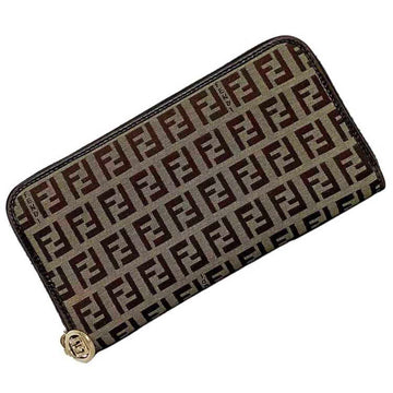 FENDI Round Long Wallet Beige Brown Gold Zucchino 8M0024 FF Canvas Leather Unisex