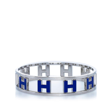 HERMES Ronde Ash H Reversible Bangle Bracelet Silver Blue Metal Enamel Women's