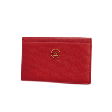 CHANELAuth  Coco Button Gold Hardware Leather Card Case Red Color
