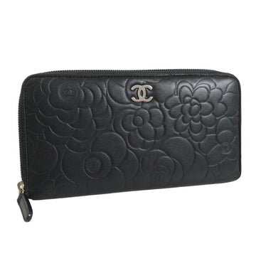 CHANEL Long Wallet Camellia Round Lambskin Black Women's