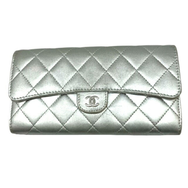 CHANEL Matelasse Long Flap Wallet A80758 Silver Leather Goods Accessor