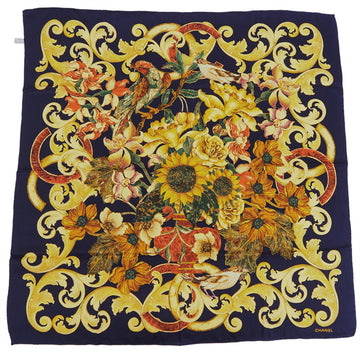 CHANEL sunflower flower bird navy silk scarf muffler ladies large size