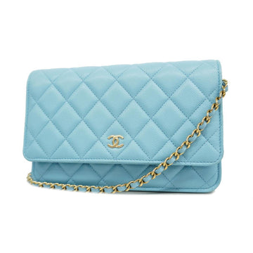 CHANEL Shoulder Wallet Matelasse Chain Caviar Skin Blue Gold Hardware Women's