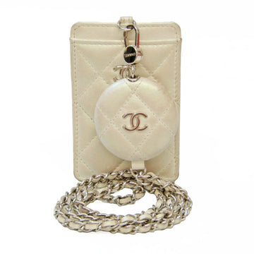 CHANEL Coconage Matelasse Chain Pass Case Leather Card Case Metallic,White