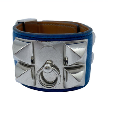 HERMES Coriedocyan Bracelet Blue Bangle T Engraved Silver