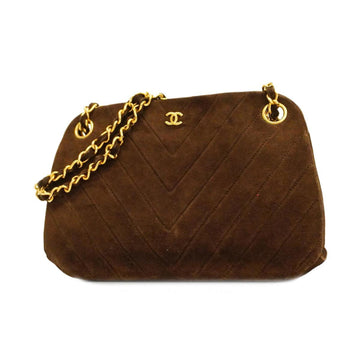 CHANEL Shoulder Bag V Stitch Chain Suede Brown Gold Hardware Women's