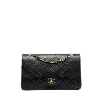 CHANEL Matelasse 25 Double Flap Here Mark Chain Shoulder Bag Black Leather Women's