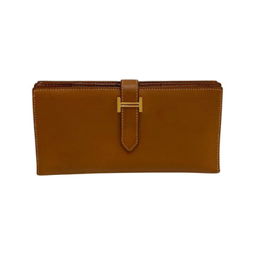 HERMES Bearn Souffle Vaux Epson Leather Genuine Bifold Long Wallet Folding Brown