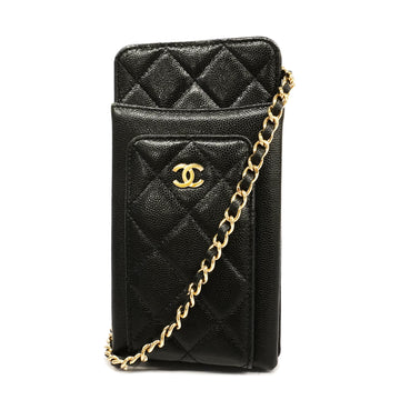 CHANELAuth  Matelasse Shoulder Wallet Chain Shoulder Gold Metal Fittings Women's Caviar Leather Chain/Shoulder Wallet Black