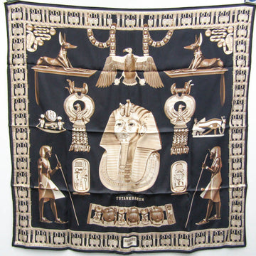 HERMES Carres 90 TUTANKHAMUN Women's Silk Scarf Beige,Black