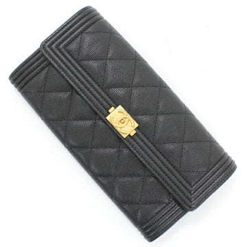 CHANEL Long Wallet Bifold Boy Black Leather Caviar Skin Quilted Coco Mark Ladies A80286 BOY