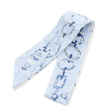 HERMES Twilly Scarf Do Re Boucles Broderie Anglaise Blue/Blanc/Marine