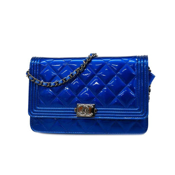 CHANEL Shoulder Wallet Boy Chain Patent Leather Blue Ladies