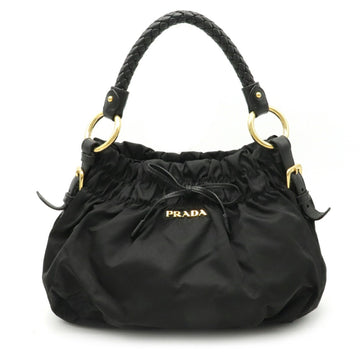 Prada gather ribbon handbag one shoulder bag nylon leather NERO black BR4237