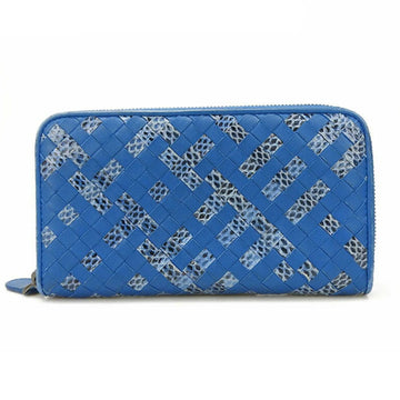 BOTTEGA VENETA Round Zipper Long Wallet Intrecciato Blue Zippy Coin Purse Braided Accessory Unisex Men Women Leather