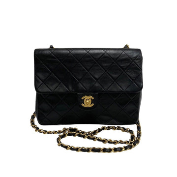 CHANEL Mini Matelasse 20cm Lambskin Chain Shoulder Bag Pochette Black 18838