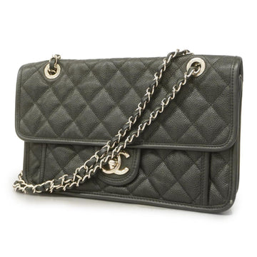 CHANEL Shoulder Bag Matelasse W Chain Caviar Skin Black Silver Hardware Women's