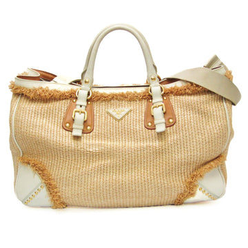 PRADA BN1868 Women's Raffia Boston Bag,Handbag,Shoulder Bag Light Brown,White