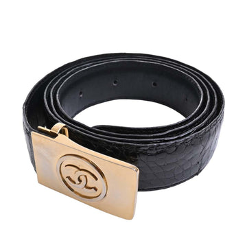 CHANEL Leather Croco Embossed Coco Mark Belt #105/42 Black 117cm Ladies