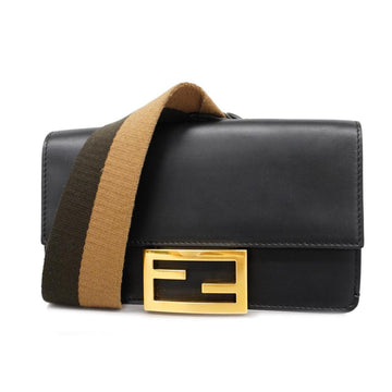 FENDI Shoulder Bag Flat Baguette Leather Black Gold Hardware Women's