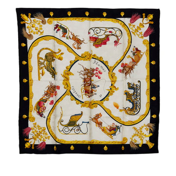 HERMES Carre 90 Plumes et Grelots Feather and Bell Scarf Muffler Black Multicolor Silk Women's