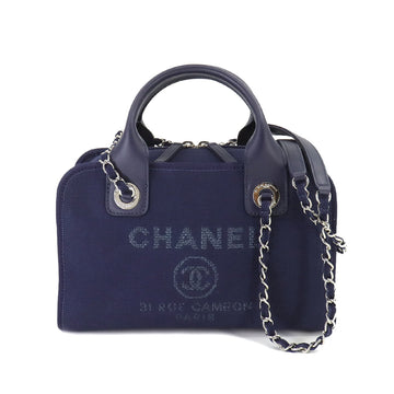 CHANEL Deauville Bowling 2way Hand Chain Shoulder Bag Canvas Leather Navy A92749