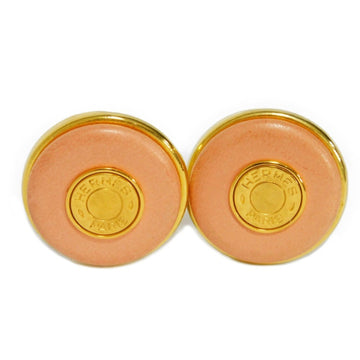 HERMES Earrings Serie Button Round Vintage Clip Type Leather Salmon Pink Ladies Accessories Jewelry