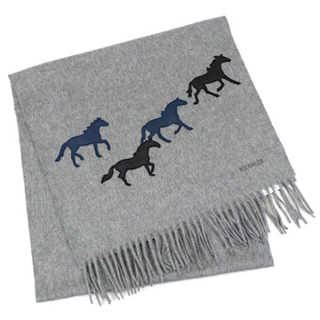 HERMES horse leather patch cashmere fringe muffler men's gray stall logo embroidery unisex
