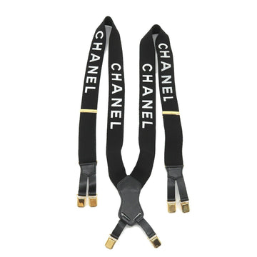 CHANEL suspenders logo canvas leather black white gold metal fittings Vintage Suspender