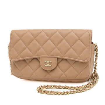 CHANEL Matelasse Phone Case Chain Wallet Caviar Skin Beige AP2096