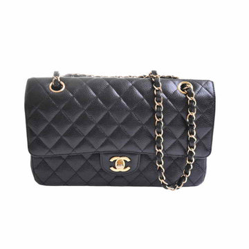 Chanel caviar skin matelasse here mark W flap chain shoulder bag black