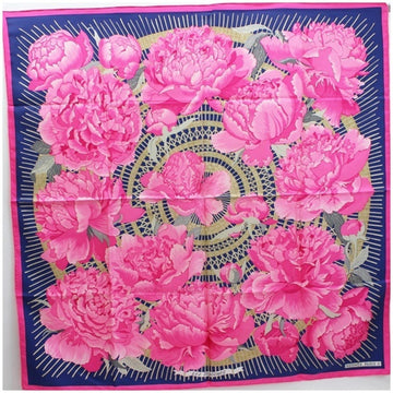 HERMES Silk Scarf Muffler Carre 90 Les Pivoines [Peony Peony] Navy x Pink  Women's