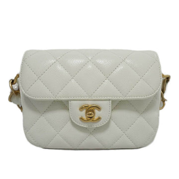 CHANEL Matelasse Shoulder Bag P13230 White G Chain Caviar Skin Women's