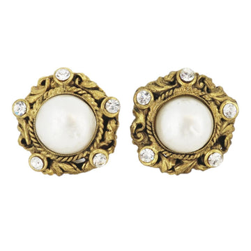 CHANEL earrings vintage round circle fake pearl rhinestone GP plated gold white ladies