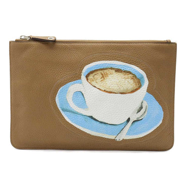 FENDI Clutch Bag Second Flat Pouch Tea Cup Leather Brown Light Blue White 7N0078