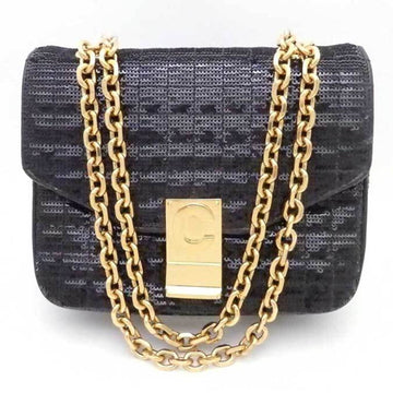 CELINE Shoulder Bag Chain C Small Sequin/Leather/Metal Black x Gold Women's