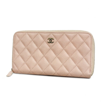 CHANEL Long Wallet Matelasse Caviar Skin Light Pink Gold Hardware Women's