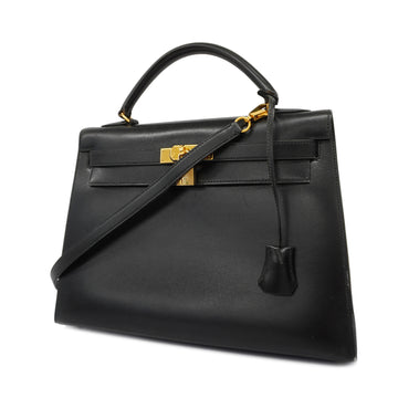 HERMESAuth  Kelly 32 〇Z Engraved Women's Box Calf Leather Handbag Black