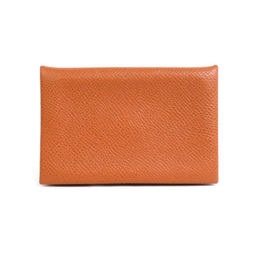 HERMES Card Case Calvi Leather Brown Unisex