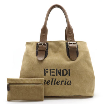 FENDI Selleria Tote Bag Shoulder Canvas Leather Khaki Beige Mocha Brown 7VA271