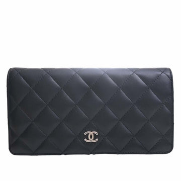 CHANEL Lambskin Matelasse Coco Mark Bifold Long Wallet Black Ladies