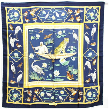 SALVATORE FERRAGAMO Silk Scarf Muffler Navy Bird/Plant Pattern Women's Paper