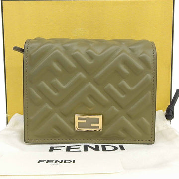 FENDI Compact Wallet FF Logo Hook Folding Leather Khaki 8M0420