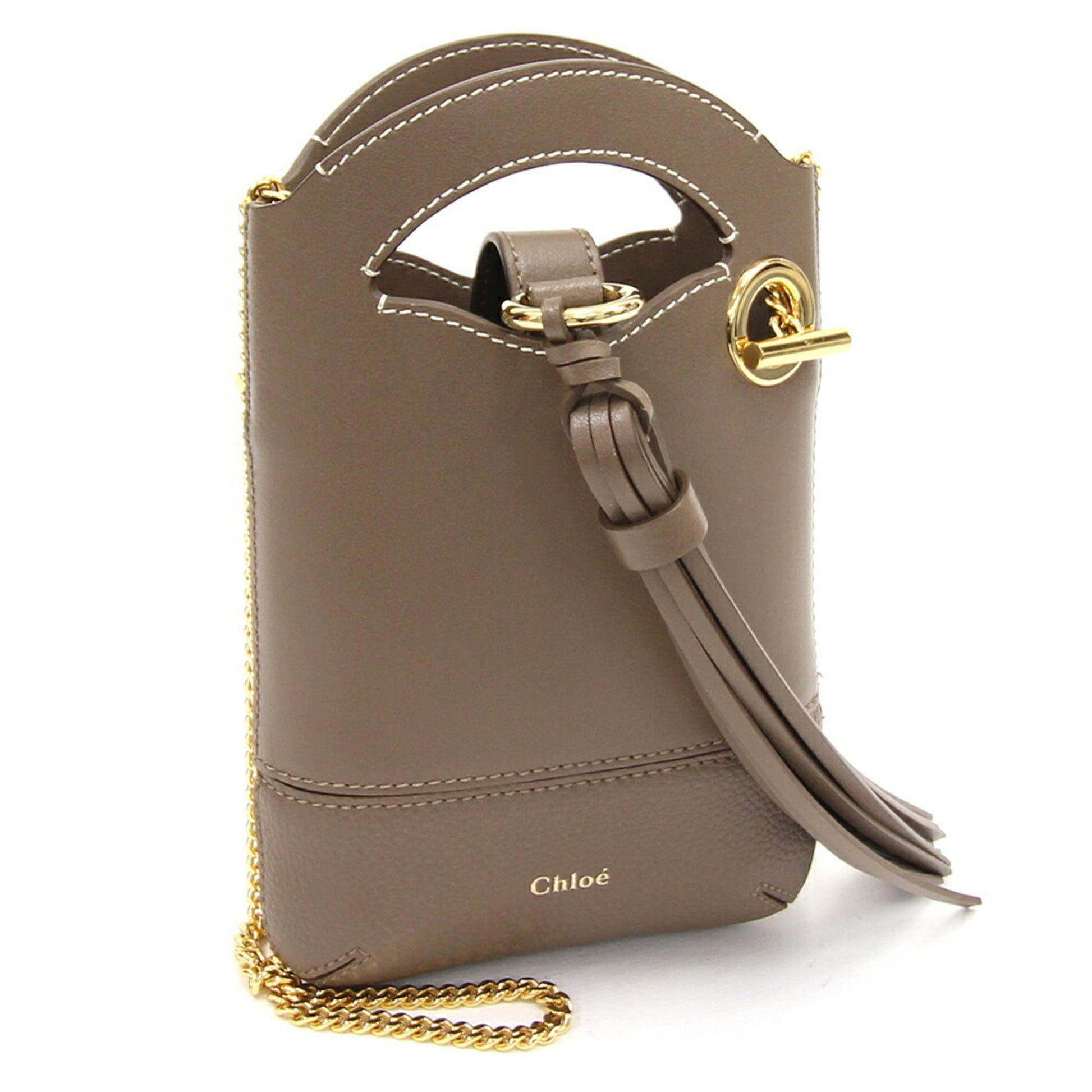 CHLOE Shoulder Bag Phone Pouch 01.21.45.65 Greige Leather Ladies Chain